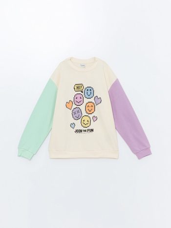 LCW Kids Beige Printed Long Sleeve Girl's Sweatshirt