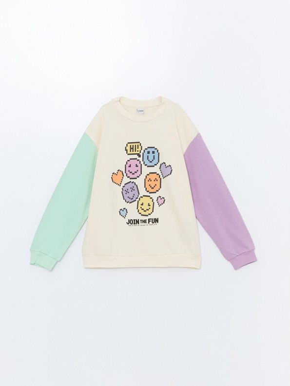 LCW Kids Beige Printed Long Sleeve Girl's Sweatshirt