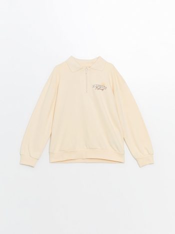 LCW Kids Beige Polo Collar Girls Sweatshirt