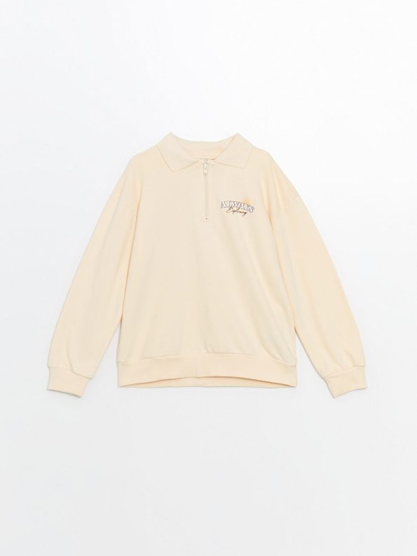 LCW Kids Beige Polo Collar Girls Sweatshirt