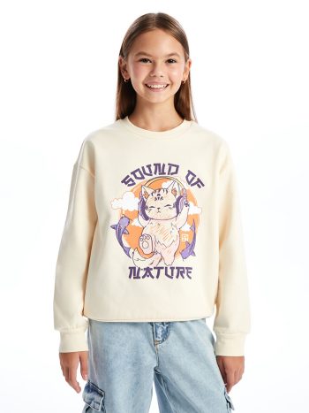 LCW Kids Beige Crew Neck Girl's Thick Sweatshirt
