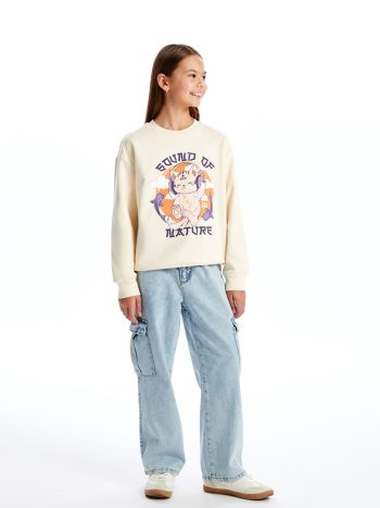LCW Kids Beige Crew Neck Girl's Thick Sweatshirt