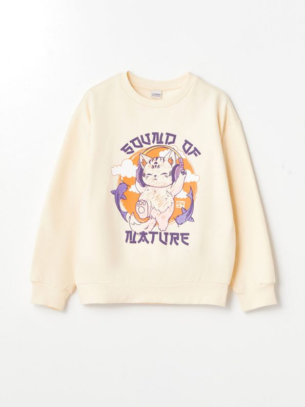 LCW Kids Beige Crew Neck Girl's Thick Sweatshirt