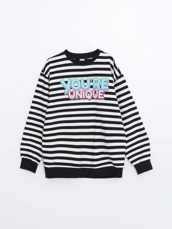LCW Kids Black Crew Neck Girls Thick Sweatshirt