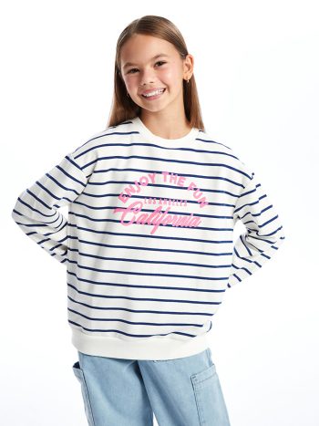 LCW Kids Cream Round Neck Thick Sweatshirt for Girls