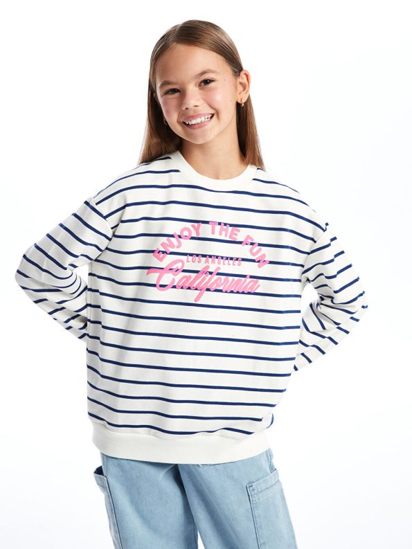 LCW Kids Cream Round Neck Thick Sweatshirt for Girls