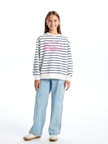 LCW Kids Cream Round Neck Thick Sweatshirt for Girls