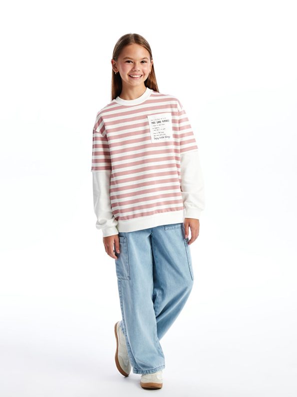 LCW Kids Pink Crew Neck Thick Sweatshirt for Girls