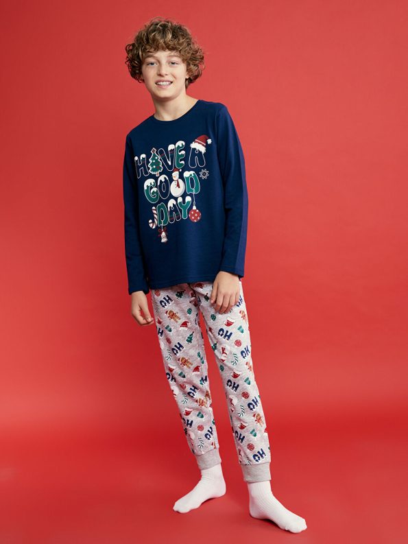 LCW Kids Navy Blue Christmas Themed Boys Pajama Set