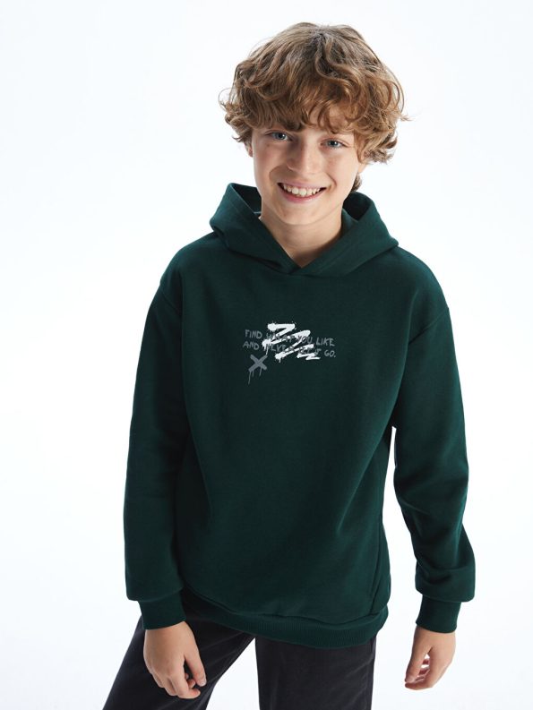 LCW Kids Green Hooded Printed Thick Boys Sweatshirt