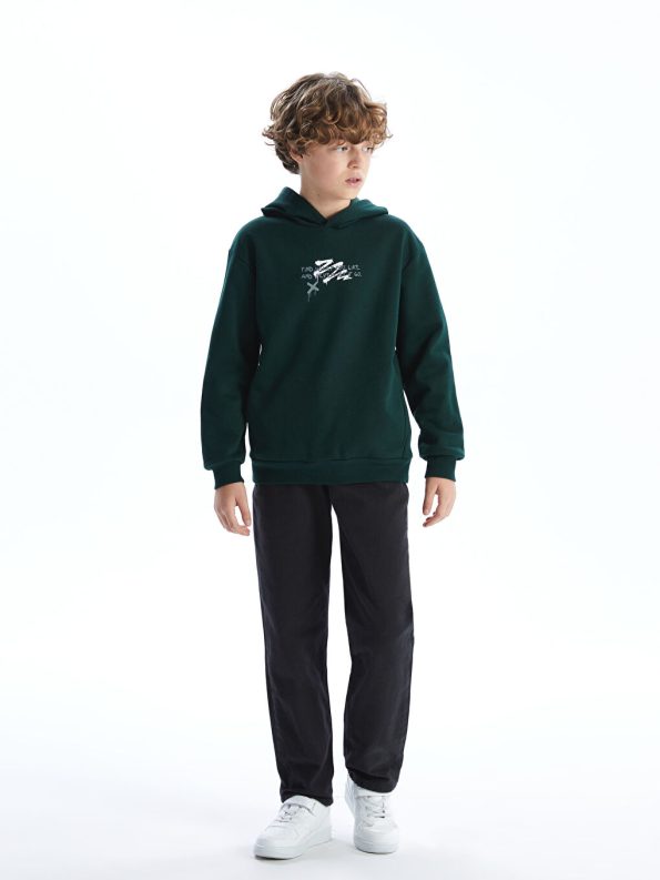 LCW Kids Green Hooded Printed Thick Boys Sweatshirt