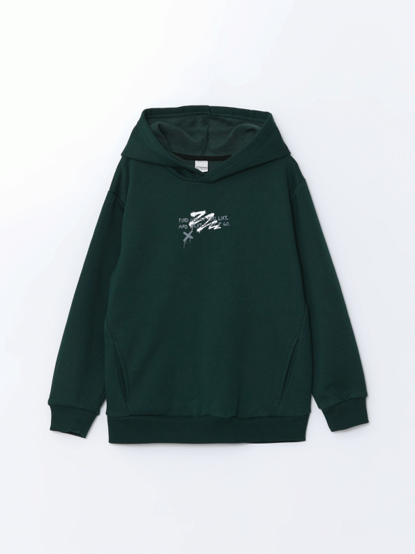 LCW Kids Green Hooded Printed Thick Boys Sweatshirt