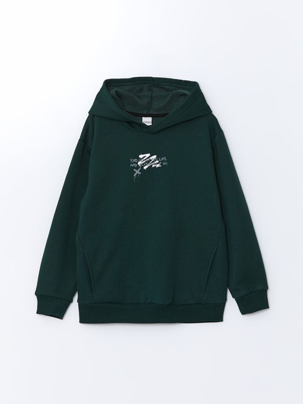 LCW Kids Green Hooded Printed Thick Boys Sweatshirt