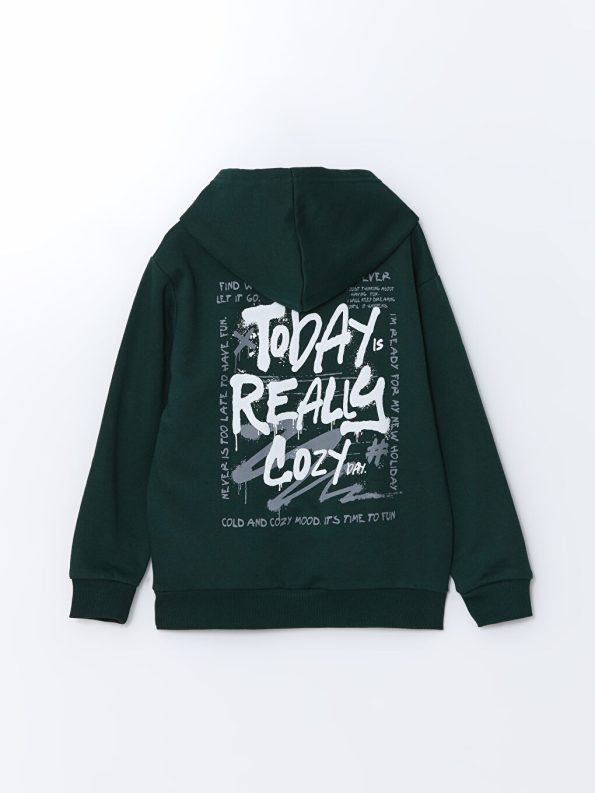 LCW Kids Green Hooded Printed Thick Boys Sweatshirt