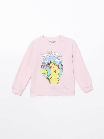 LCW Kids Pink Pikachu Print Crew Neck Thick Sweatshirt