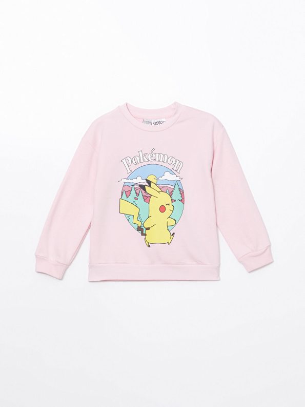 LCW Kids Pink Pikachu Print Crew Neck Thick Sweatshirt