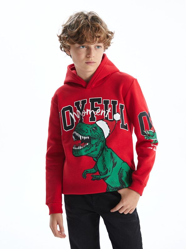 LCW Kids Red Hooded Dinosaur Print Christmas Themed Sweatshirt for Boys
