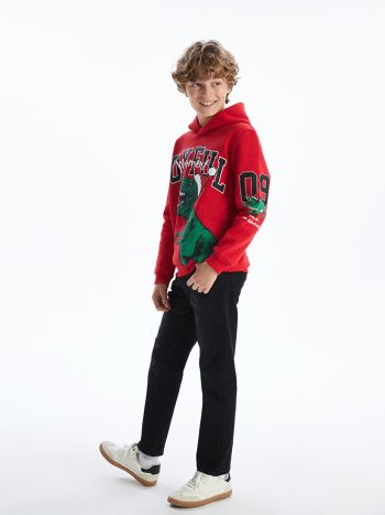 LCW Kids Red Hooded Dinosaur Print Christmas Themed Sweatshirt for Boys