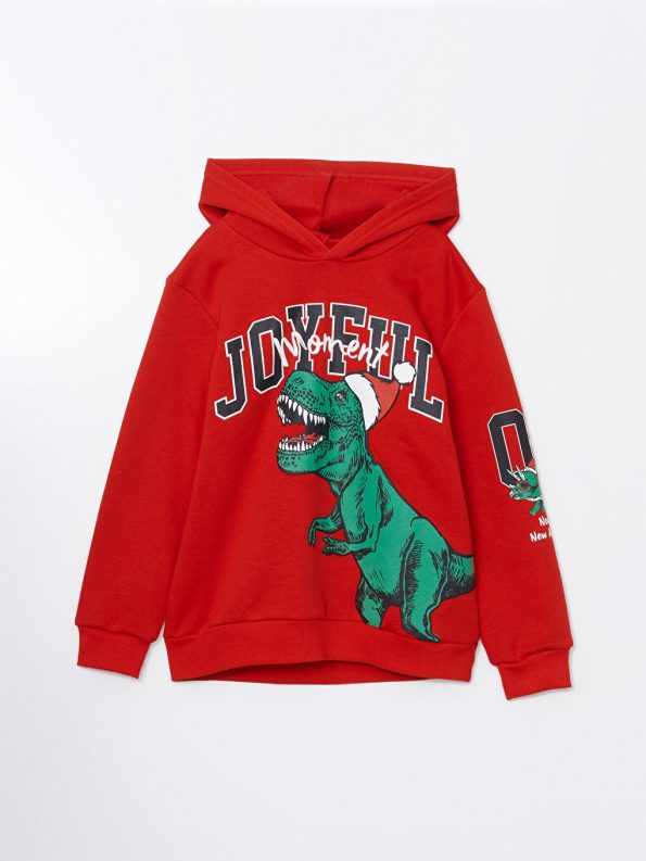 LCW Kids Red Hooded Dinosaur Print Christmas Themed Sweatshirt for Boys