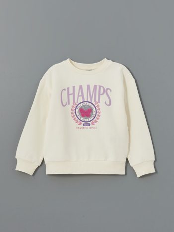 LCW Kids Cream Bicycle Neck Thick Sweatshirt for Girls