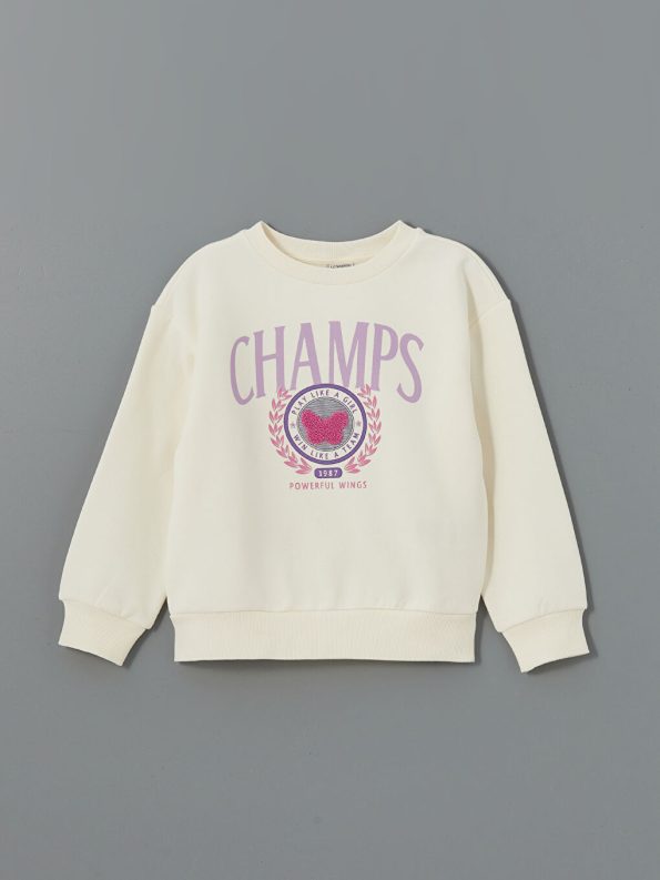 LCW Kids Cream Bicycle Neck Thick Sweatshirt for Girls