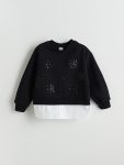 LCW Kids Black Crew Neck Thick Sweatshirt for Girls