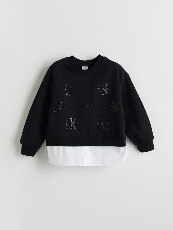 LCW Kids Black Crew Neck Thick Sweatshirt for Girls