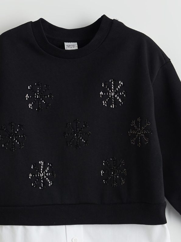 LCW Kids Black Crew Neck Thick Sweatshirt for Girls