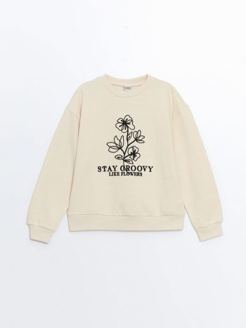 LCW Kids Beige Crew Neck Thick Sweatshirt for Girls