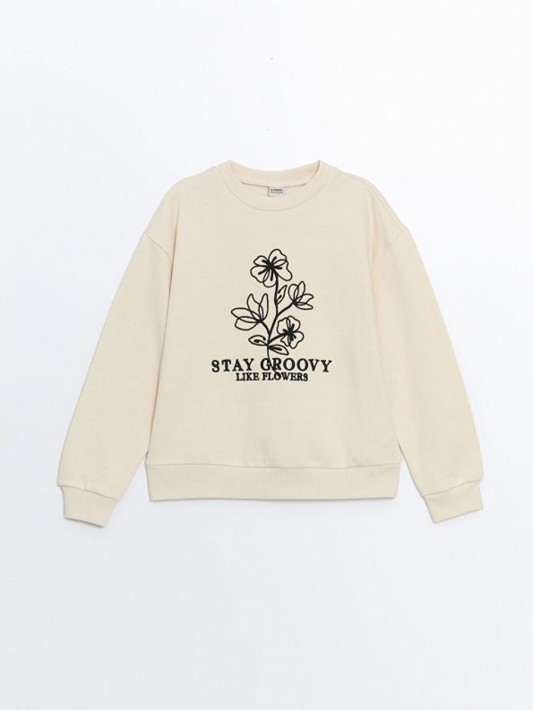 LCW Kids Beige Crew Neck Thick Sweatshirt for Girls