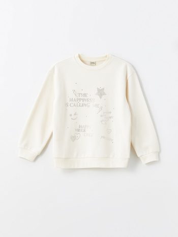 LCW Kids Cream Rhinestone Embellished Girls Thick Sweatshirt