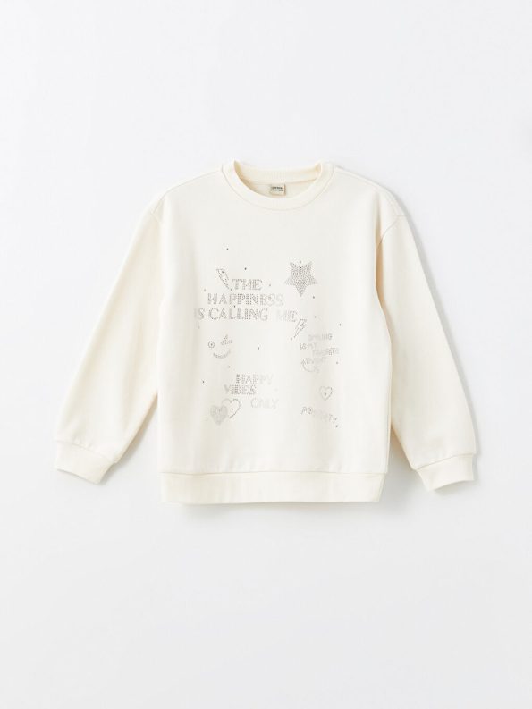 LCW Kids Cream Rhinestone Embellished Girls Thick Sweatshirt
