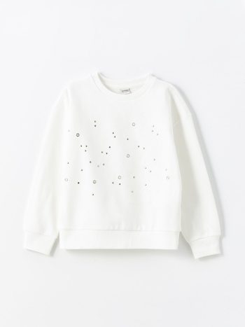 LCW Kids Cream Round Neck Rhinestone Girl's Sweatshirt