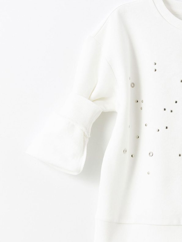 LCW Kids Cream Round Neck Rhinestone Girl's Sweatshirt