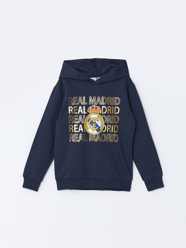 LCW Kids Navy Blue Hooded Real Madrid Printed Boys Sweatshirt