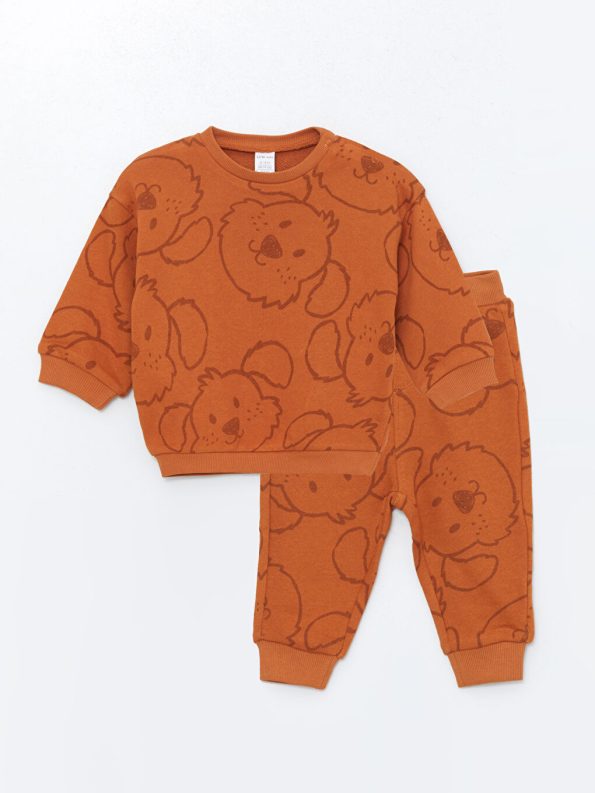 LCW Baby Orange Printed Long Sleeve Crew Neck Sweatshirt and Pants Set