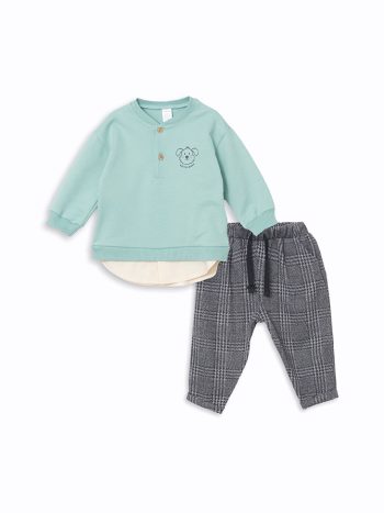 LCW Baby Green Collar Baby Boy Sweatshirt and Pants Set