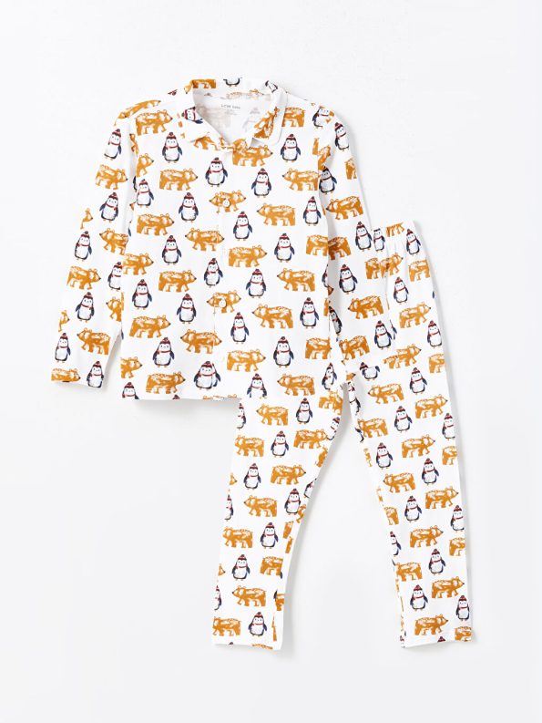 LCW Kids Cream Polo Neck Printed Boys Pajama Set