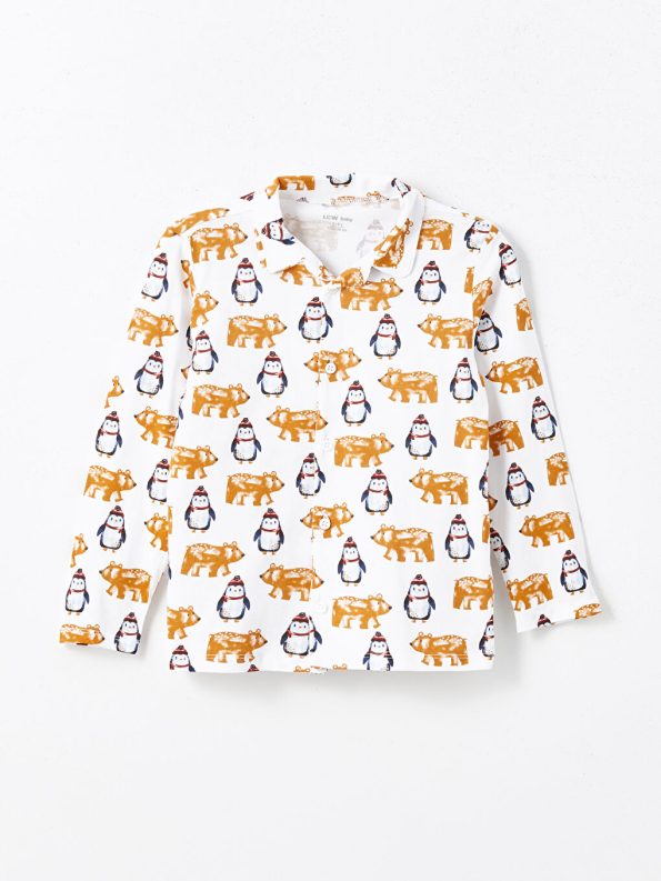 LCW Kids Cream Polo Neck Printed Boys Pajama Set