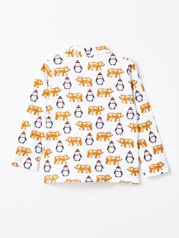 LCW Kids Cream Polo Neck Printed Boys Pajama Set