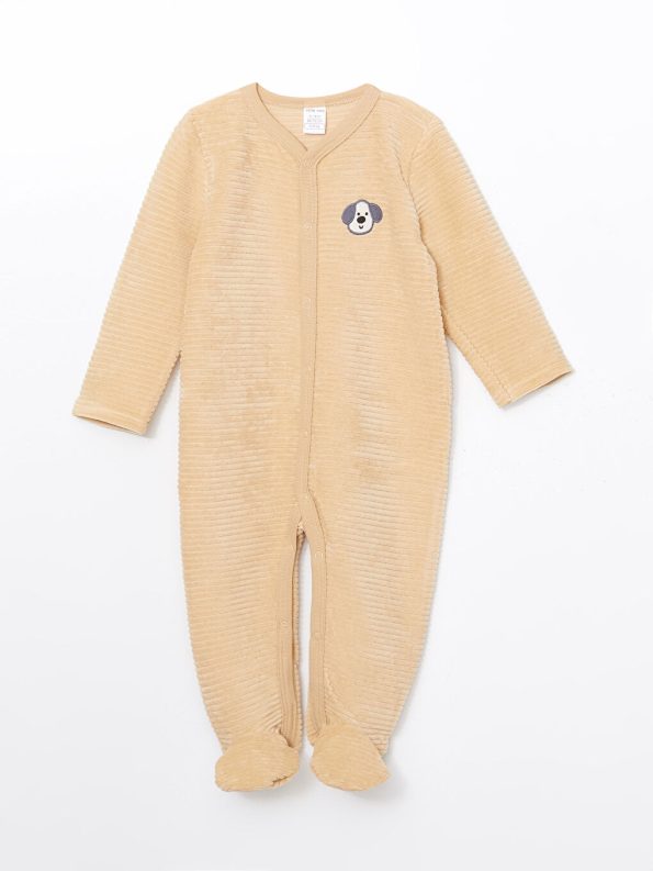 LCW Baby Beige Velvet Embroidered V-Neck Baby Boy Romper