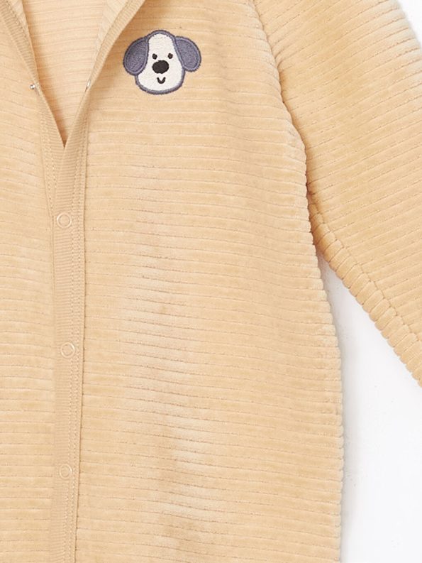 LCW Baby Beige Velvet Embroidered V-Neck Baby Boy Romper