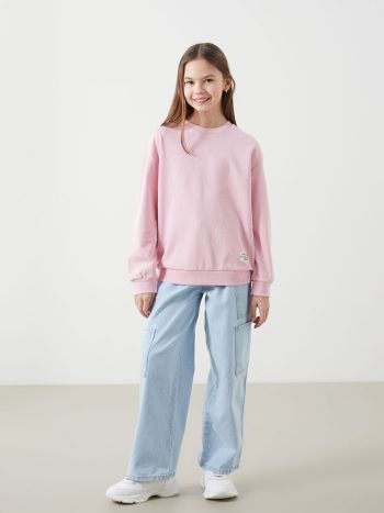 LCW Kids Pink Printed Crew Neck Sweatshirt
