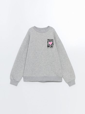 LCW Kids Gray Round Neck Thick Sweatshirt for Girls