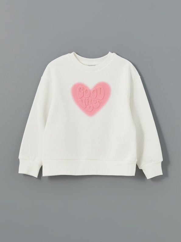 LCW Kids Cream Crew Neck Girls Thick Sweatshirt