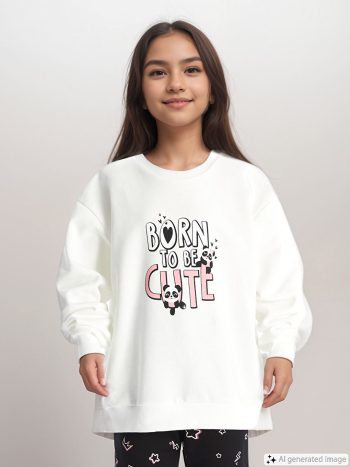 LCW Kids White Crew Neck Printed Girls Sweatshirt