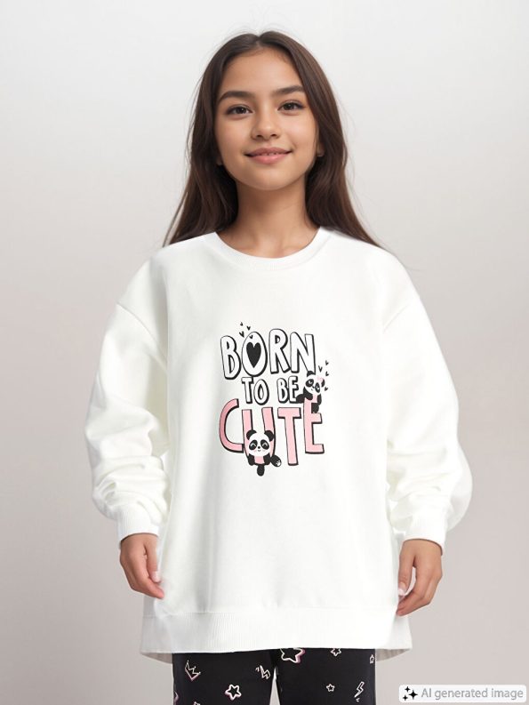 LCW Kids White Crew Neck Printed Girls Sweatshirt