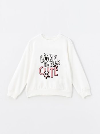 LCW Kids White Crew Neck Printed Girls Sweatshirt