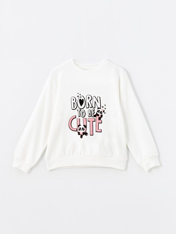 LCW Kids White Crew Neck Printed Girls Sweatshirt