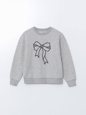 LCW Kids Grey Crew Neck Girls Crop Thick Sweatshirt